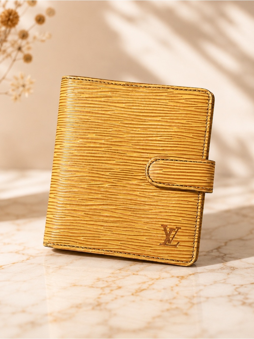 Louis Vuitton Yellow Epi Leather Snap Wallet Compact Bifold Purple Interior